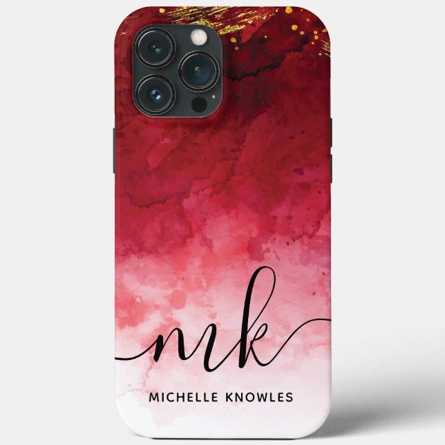 Red with Gold Splash Personalized Monogram Case-Mate iPhone Case (Back)