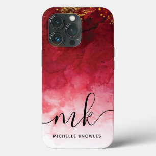 Red with Gold Splash Personalized Monogram iPhone 13 Pro Case