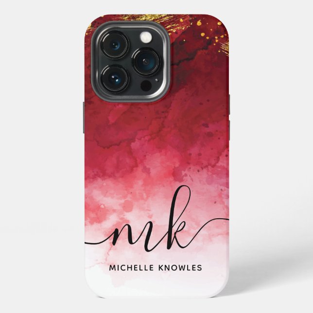 Red with Gold Splash Personalized Monogram iPhone Case (Back)