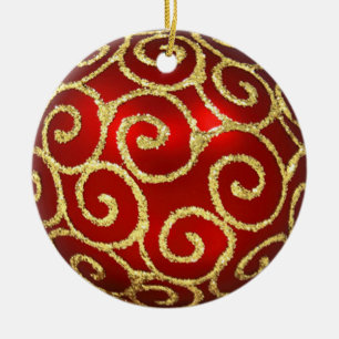 Red with Gold Swirls Ceramic Ornament