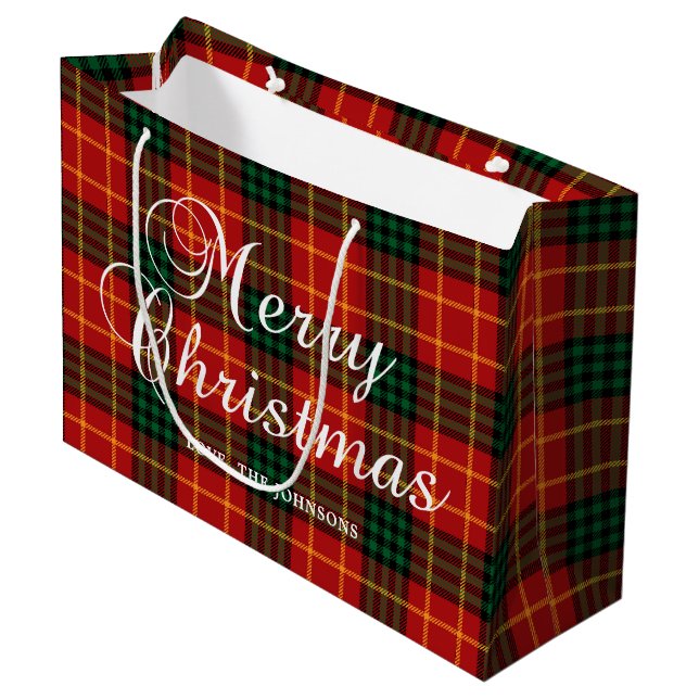 Red with Green and Gold Christmas Plaid Large Gift Bag (Front Angled)