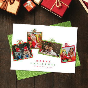 Red with Green Glitter Photo Gift Boxes Christmas Holiday Card