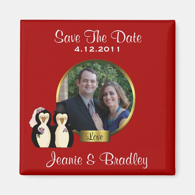 Red with Penguins Save the Date Magnet (Front)