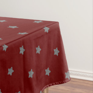 Red with Silver Grey Stars Pattern Festive Elegant Tablecloth