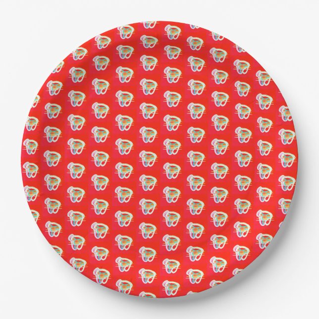 Red with small art designs on it      paper plate (Front)