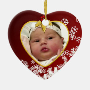 Red with Snow Baby's First Christmas Heart Ceramic Ornament