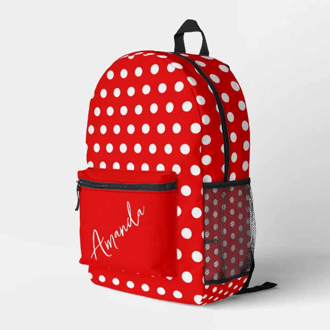 Red with White Polka Dots Personalized  Printed Backpack (Back Corner Right)