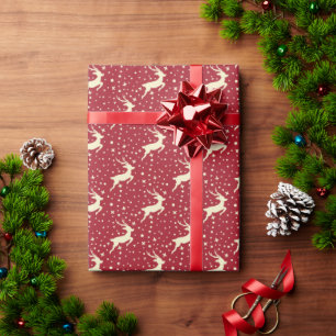 Red with White Reindeer & Stars Christmas  Wrapping Paper