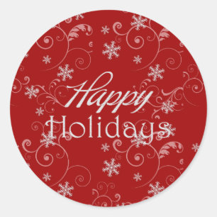 Red with White Snowflakes Happy Holidays Classic Round Sticker