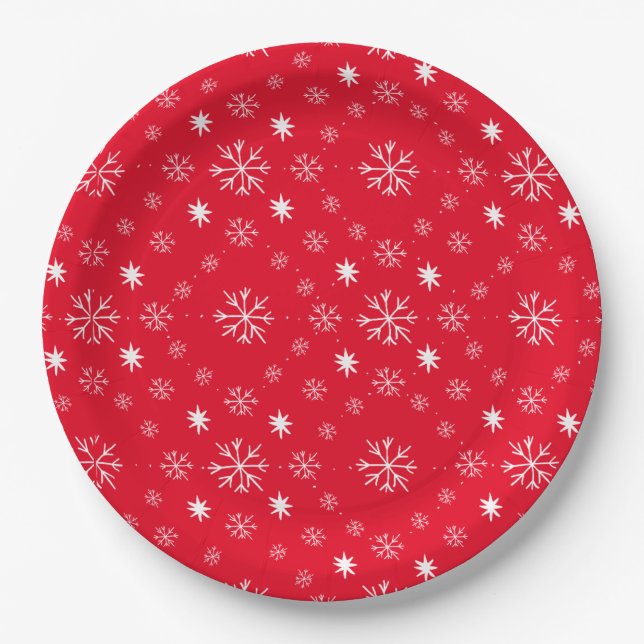 Red With White Snowflakes Paper Plate (Front)