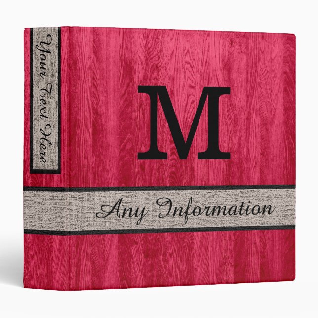 Red Wood Grain Monogram Modern Burlap Binder (Front/Spine)