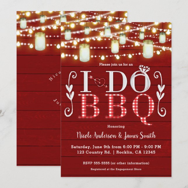 Red Wood & Lights I DO BBQ Rustic Engagement Party Invitation (Front/Back)