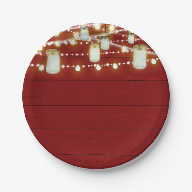 Red Wood & String Lights Country Rustic Sweet 16 Paper Plate (Front)