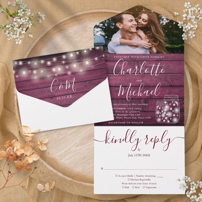 Red Wood String Lights Mason Jars Photo Wedding All In One Invitation (Red Wood String Lights Mason Jars Photo Wedding All In One Invitation)