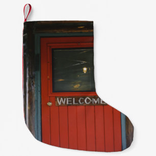 RED WOODEN CLOSED DOOR SMALL CHRISTMAS STOCKING