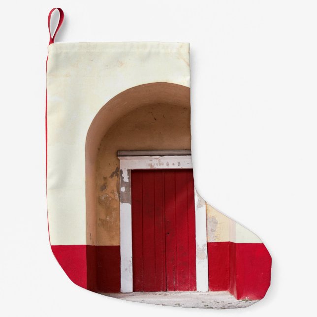 RED WOODEN DOOR SMALL CHRISTMAS STOCKING (Front)