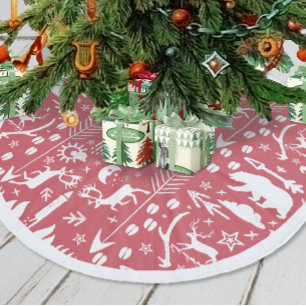 Red Woodland Deer Bear Tracks Merry Christmas Fleece Tree Skirt