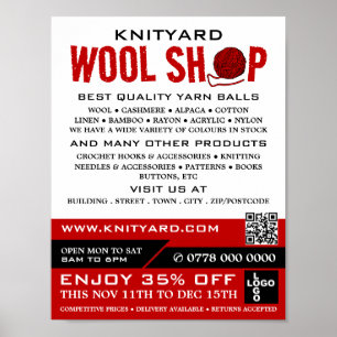 Red Wool Shop Logo, Knitting Store, Yarn Store Poster