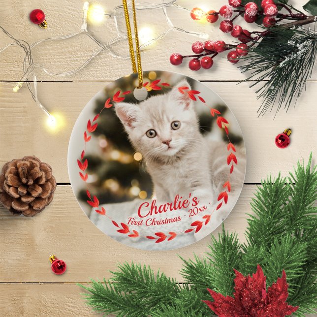 Red Wreath Cat First Christmas Simple Photo Ceramic Ornament (Creator Uploaded)