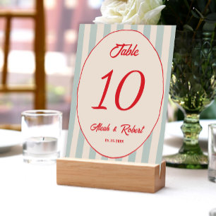 Red Writing Blue Line Retro Wedding Table Number