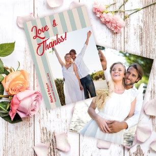 Red Writing Blue Stripes Retro Wedding Photo Thank You Card