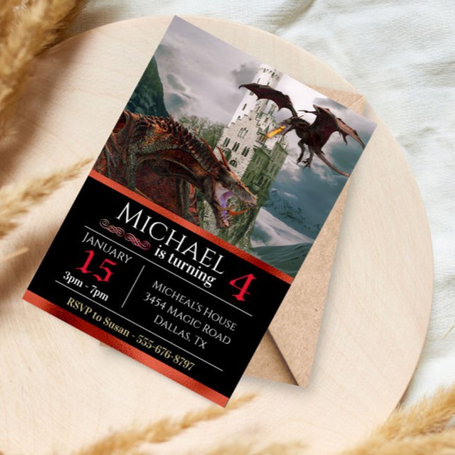 Red Wyvern Dragon Medieval Castle Metallic Birthda Invitation (Creator Uploaded)