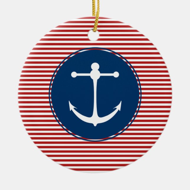 Red Yacht Club Pattern Ceramic Ornament (Front)