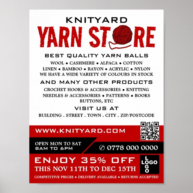 Red Yarn Store Logo, Knitting Store, Yarn Store Poster (Front)