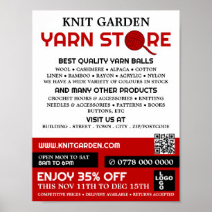 Red Yarn Store Logo, Knitting Store, Yarn Store Poster