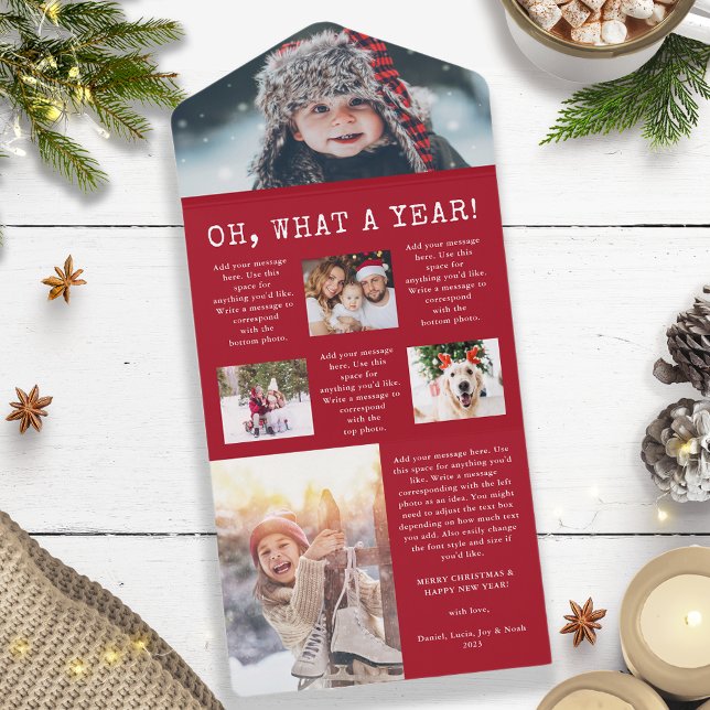 Red Year In Review Trifold Cards (Oh, What A Year Photo Collage Red and White Holiday Christmas Card)