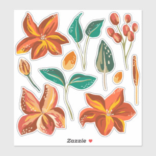 Red yellow abstract floral and green modern leaves