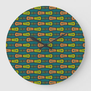 Red, Yellow Abstract Tribal on Teal: Wall Clock
