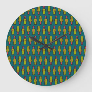 Red, Yellow Abstract Tribal on Teal: Wall Clock