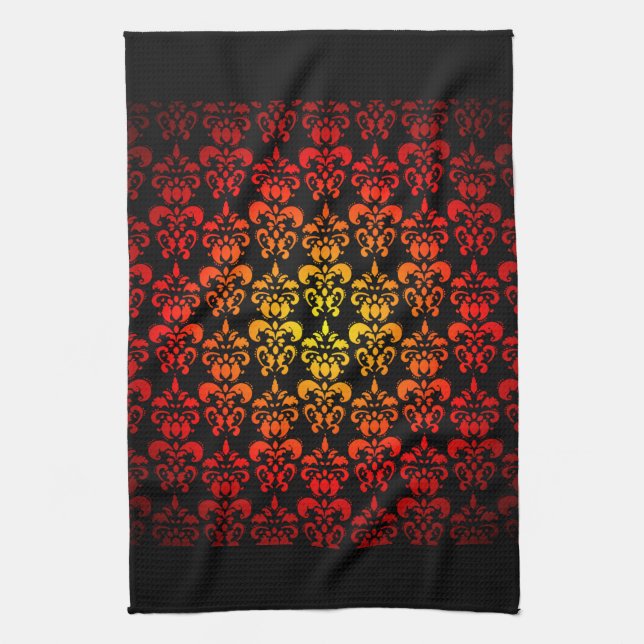 Red, yellow and black damask kitchen towel (Vertical)