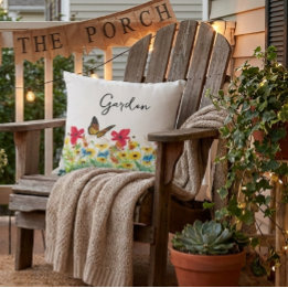 Red Yellow and Blue Floral with Butterfly  Outdoor Pillow