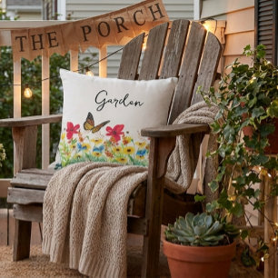 Red Yellow and Blue Floral with Butterfly  Outdoor Pillow