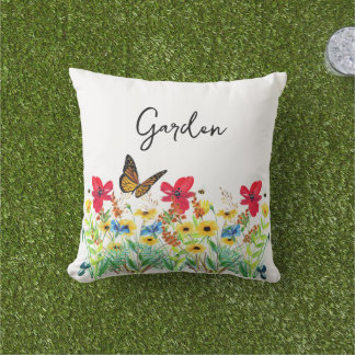 Red Yellow and Blue Floral with Butterfly  Outdoor Pillow