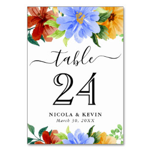 Red, Yellow and Blue Flowers Wedding Table Number