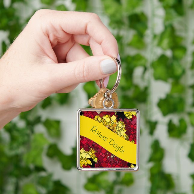 Red, Yellow and Gold Mini Box Background Template Keychain (Hand)