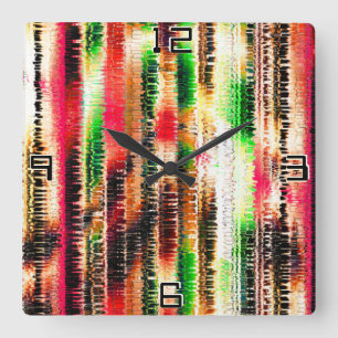 Red yellow and green coloured striped sliced paper square wall clock