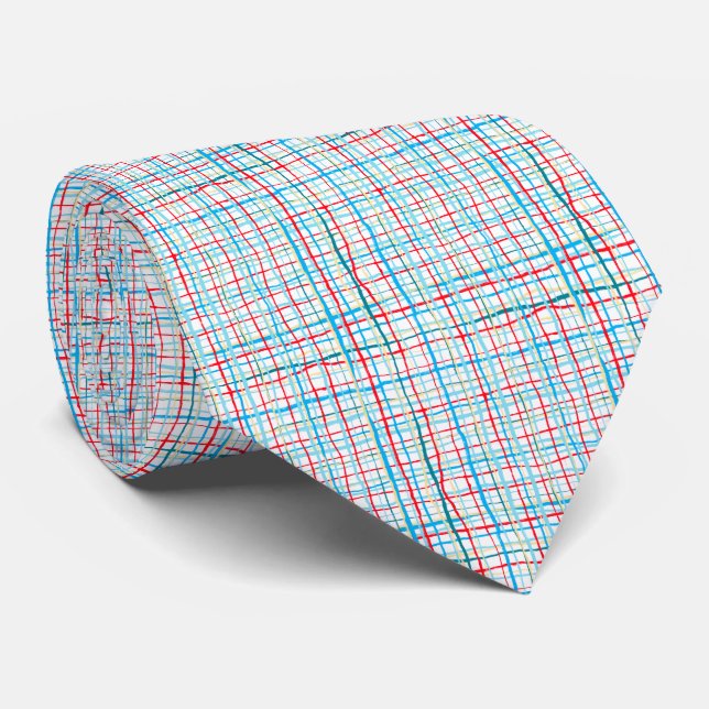 Red, Yellow, Aqua Squiggly Lines Plaid Tie (Rolled)
