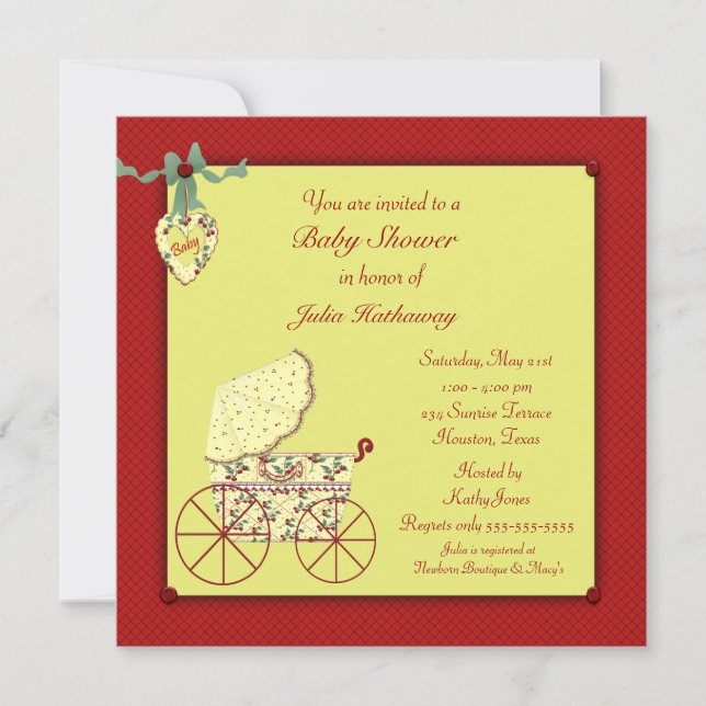 Red Yellow Baby Buggy Baby Shower Invitation (Front)