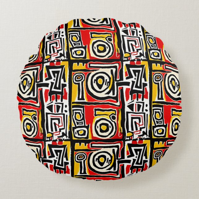 Red Yellow Black Abstract African Tribal Geometric Round Pillow (Front)