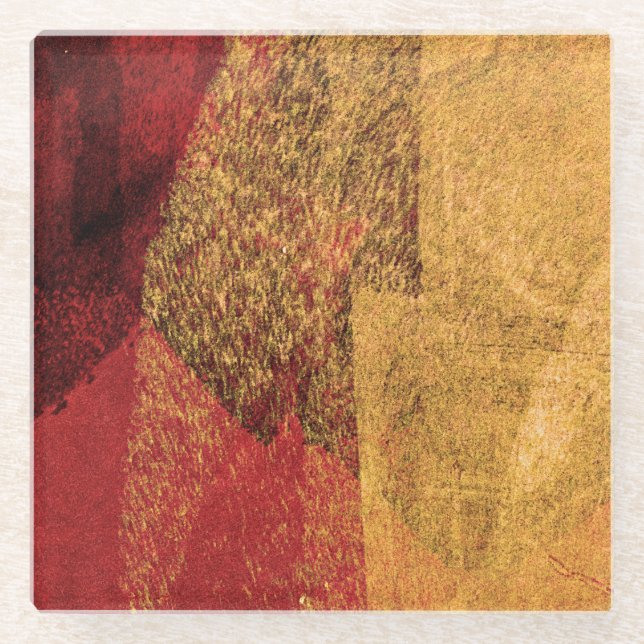 Red yellow black abstract paint brush art glass coaster (Front)