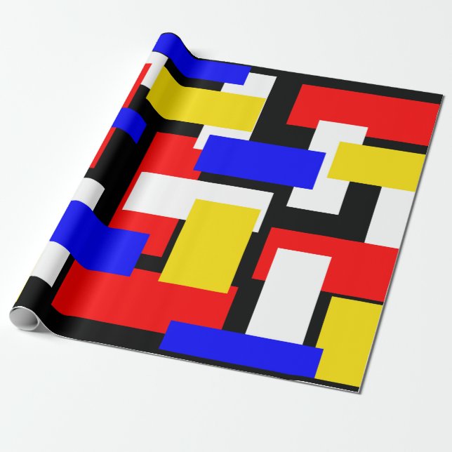 Red, Yellow, Black and Blue Blocks Wrapping Paper (Unrolled)