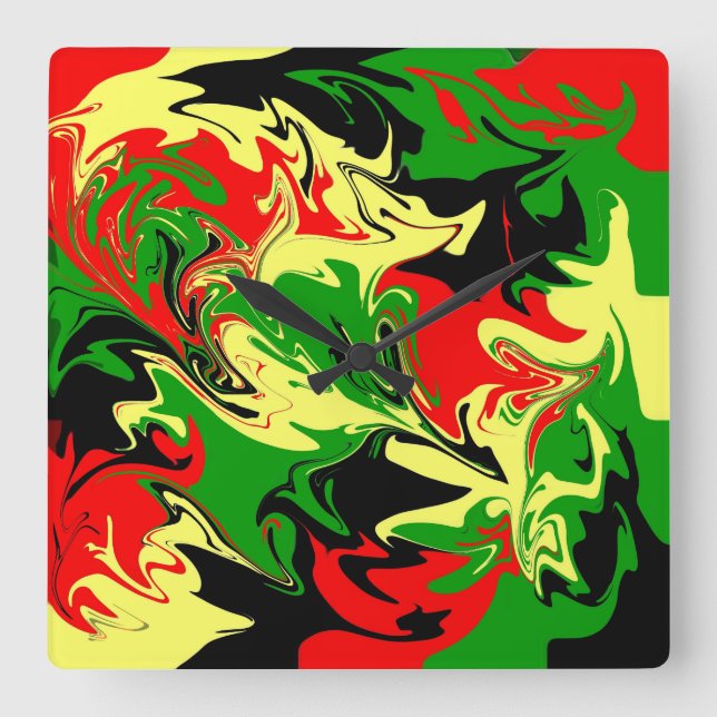 Red, Yellow, Black and Green Swirls Square Wall Clock (Front)