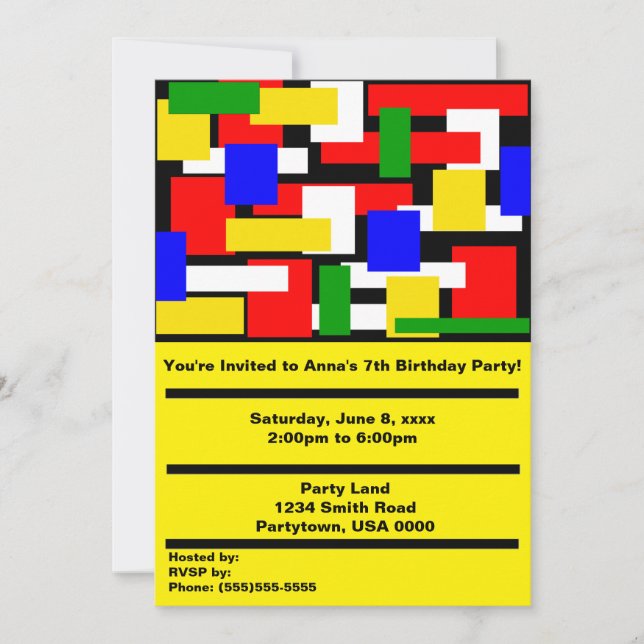 Red, Yellow, Black, Blue and Green Blocks Invitation (Front)
