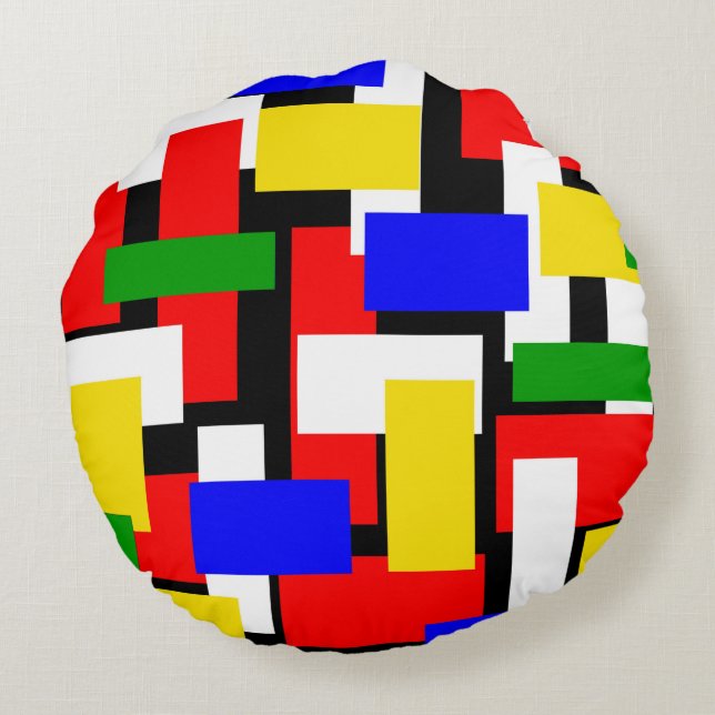 Red, Yellow, Black, Blue and Green Blocks Round Pillow (Back)