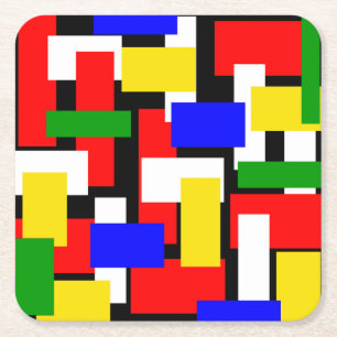 Red, Yellow, Black, Blue and Green Blocks Square Paper Coaster