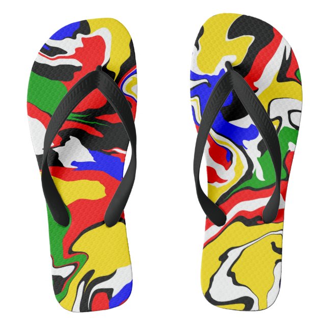 Red, Yellow, Black, Blue and Green Swirls  Flip Flops (Footbed)